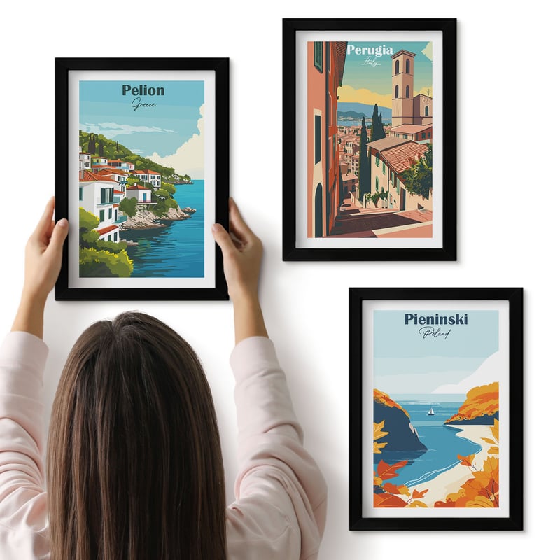 Galeria ścienna 3-częściowy komplet obrazów w czarnych ramach - Malownicze krajobrazy w retro stylu - ArtPrintCave