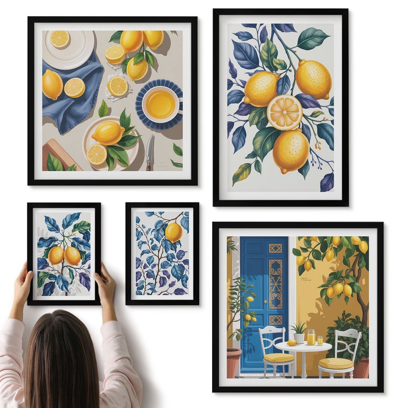 Galeria ścienna 5-częściowy komplet obrazów w czarnych ramach - Cytrusowe inspiracje w stylu prowansalskim do kuchni - ArtPrintCave