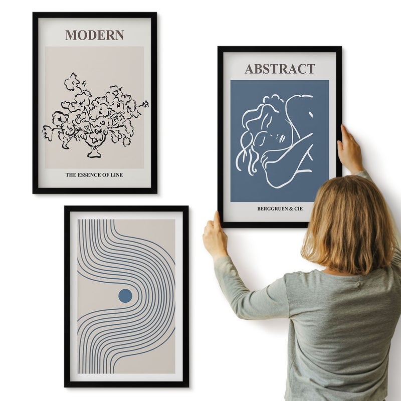 Galeria ścienna 3-częściowy komplet obrazów w czarnych ramach - Kwiaty linie i abstrakcyjne kształty postery - ArtPrintCave