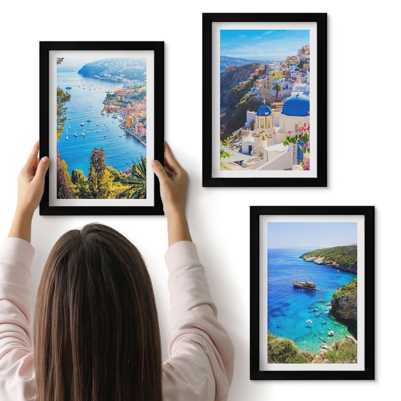Galeria ścienna 3-częściowy komplet obrazów w czarnych ramach - Greckie nadmorskie widoki i Santorini miasto Oia - ArtPrintCave