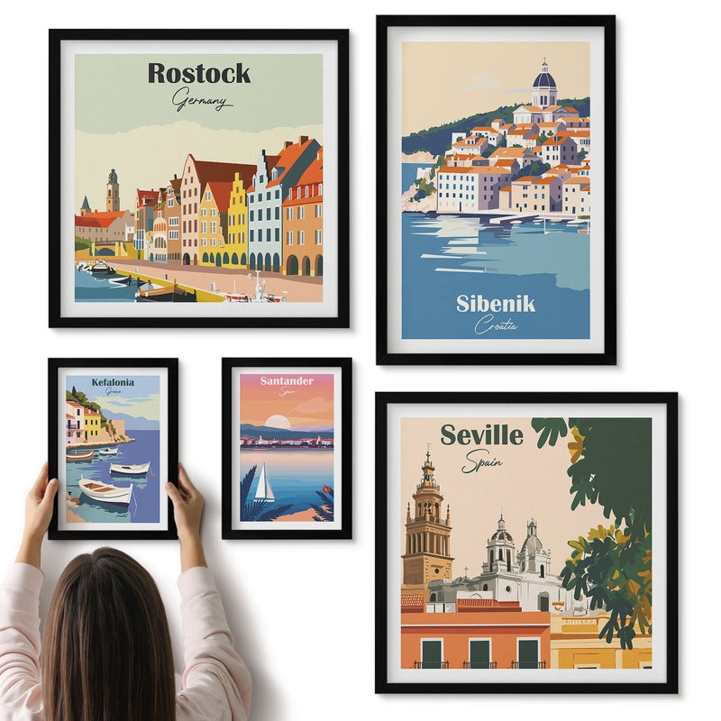 Galeria ścienna 5-częściowy komplet obrazów w czarnych ramach - Krajobrazy europejskich miast nadmorskich i portowych - ArtPrintCave