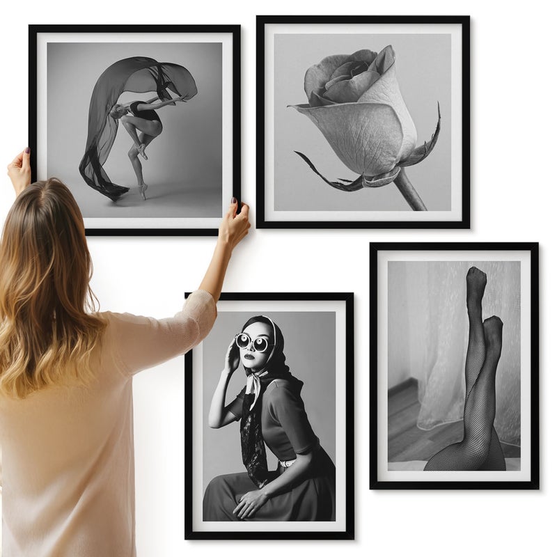 Galeria ścienna 4-częściowy komplet obrazów w czarnych ramach - Stylowe czarno-białe portrety kobiet w eleganckich pozach - ArtPrintCave