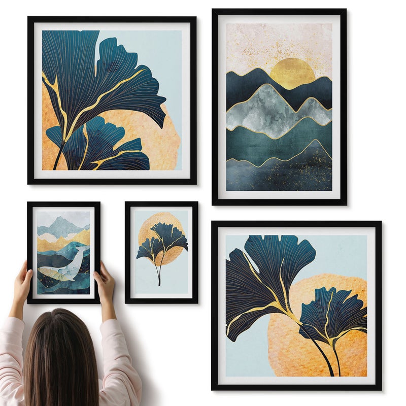 Galeria ścienna 5-częściowy komplet obrazów w czarnych ramach - Stylowe pejzaże górskie z roślinnymi akcentami dekoracyjnymi - ArtPrintCave