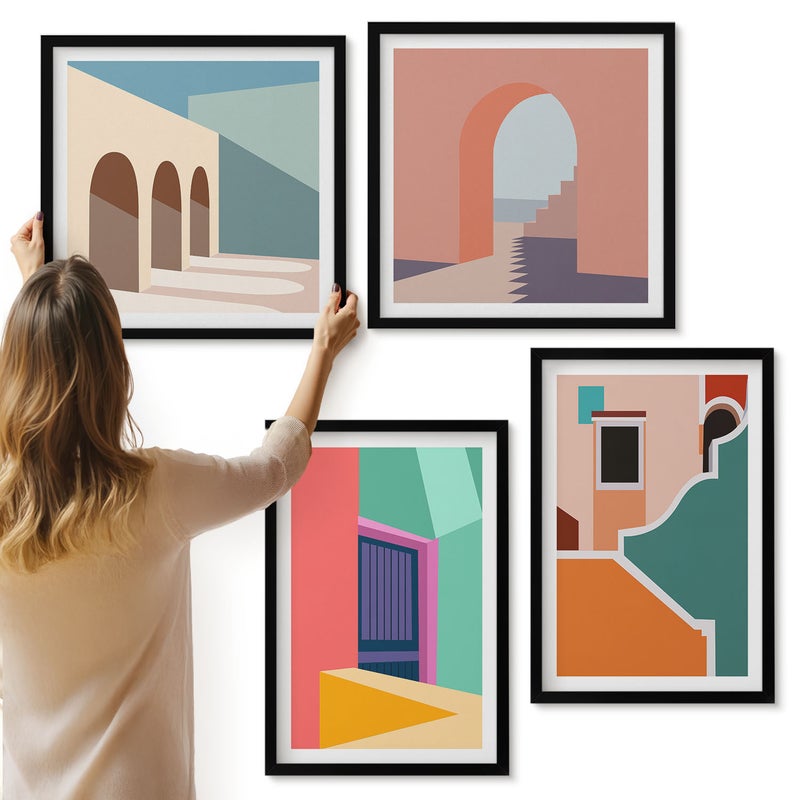 Galeria ścienna 4-częściowy komplet obrazów w czarnych ramach - Kolorowe ilustracje miasta w stylu nowoczesnym - ArtPrintCave