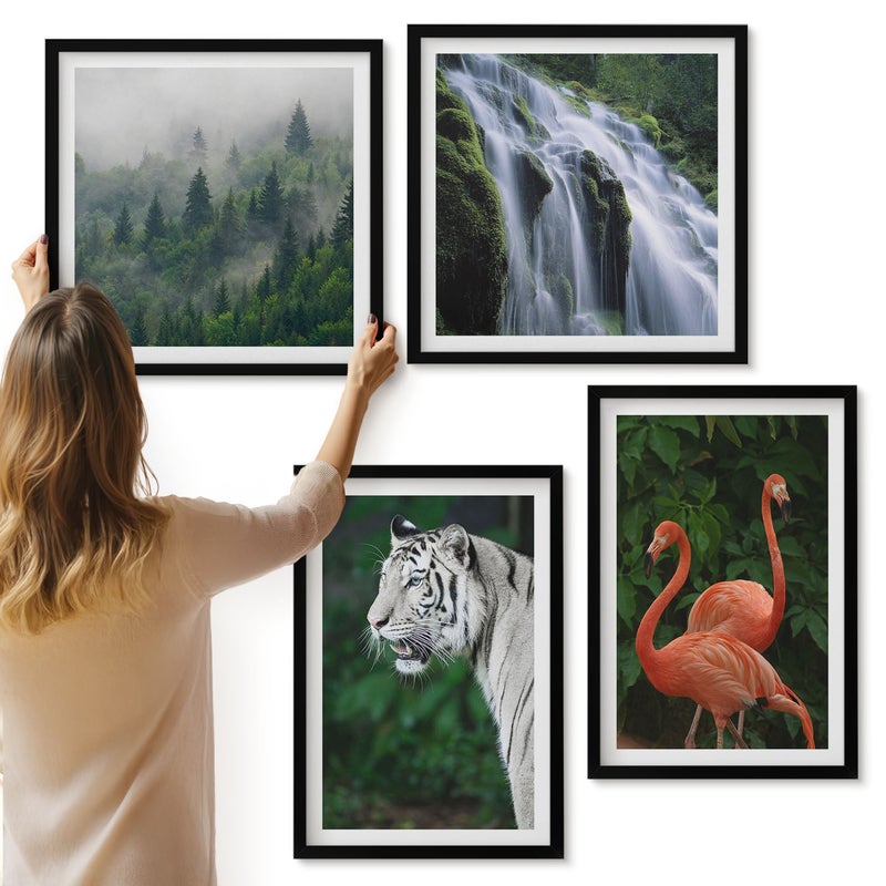 Galeria ścienna 4-częściowy komplet obrazów w czarnych ramach - Tygrys wodospad i różowe flamingi w naturze - ArtPrintCave