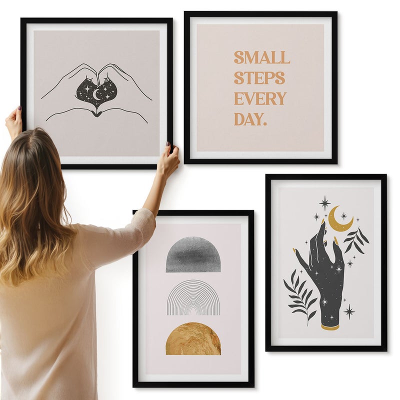 Galeria ścienna 4-częściowy komplet obrazów w czarnych ramach - Minimalistyczne estetyczne ilustracje boho - ArtPrintCave