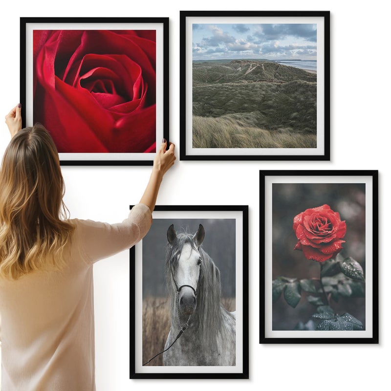 Galeria ścienna 4-częściowy komplet obrazów w czarnych ramach - Czerwone róże i koń w szarym otoczeniu - ArtPrintCave