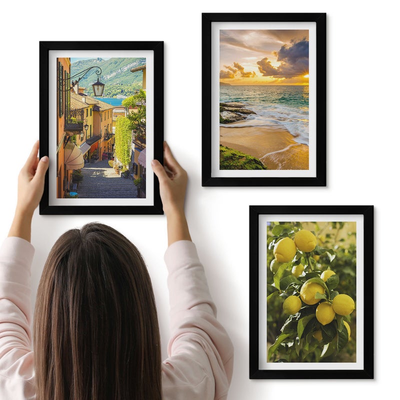 Galeria ścienna 3-częściowy komplet obrazów w czarnych ramach - Malownicze uliczki morze plaża i cytrusy - ArtPrintCave