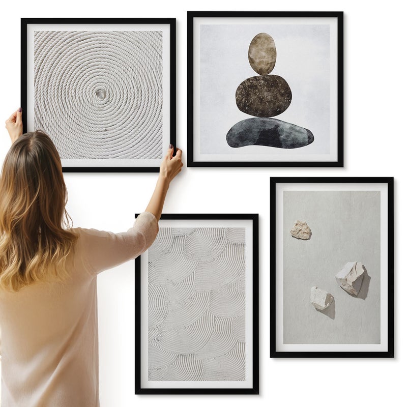 Galeria ścienna 4-częściowy komplet obrazów w czarnych ramach - Piasek kamienie i nowoczesna tekstura farb - ArtPrintCave