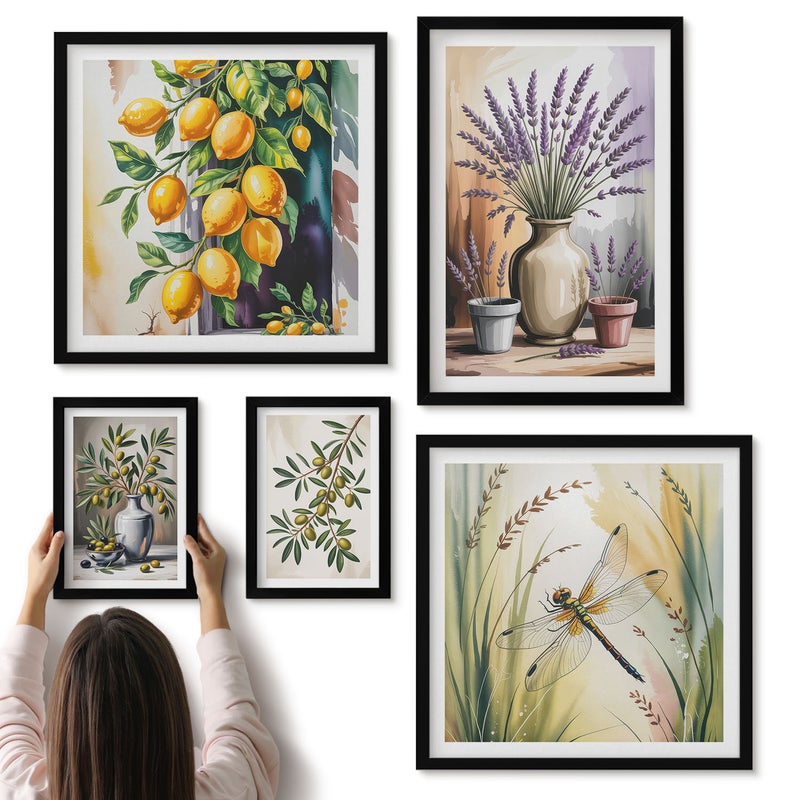 Galeria ścienna 5-częściowy komplet obrazów w czarnych ramach - Kwiatowe kompozycje z oliwkami i cytrynami w stylu rustykalnym - ArtPrintCave