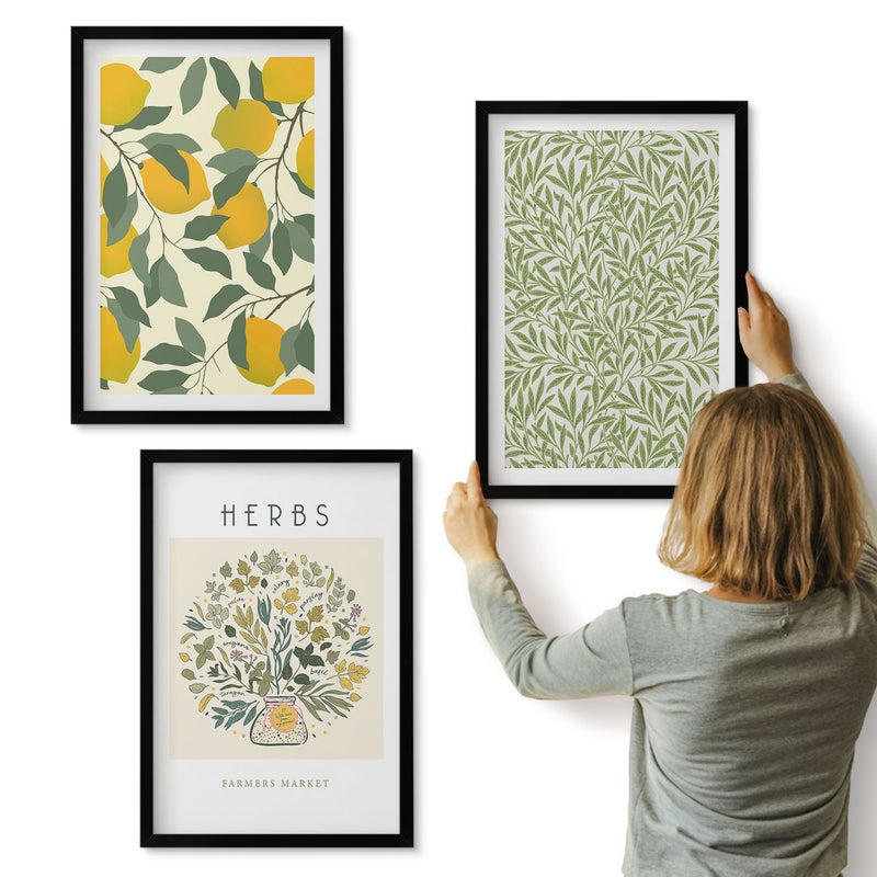 Galeria ścienna 3-częściowy komplet obrazów w czarnych ramach - Motywy cytrynowe z ziołami i liśćmi roślinnych - ArtPrintCave