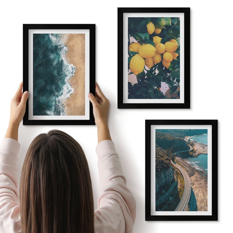 Galeria ścienna 3-częściowy komplet obrazów w czarnych ramach - Morze plaża cytryny krajobraz górski droga nadmorska - ArtPrintCave