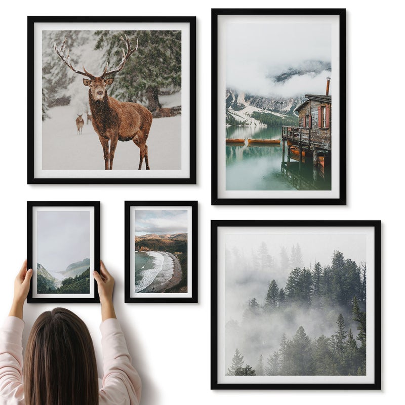 Galeria ścienna 5-częściowy komplet obrazów w czarnych ramach - Naturą i dziką przyrodą w górskich pejzażach - ArtPrintCave