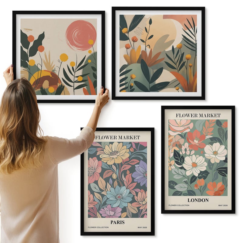 Galeria ścienna 4-częściowy komplet obrazów w czarnych ramach - Postery kwiatowe Paryż Londyn - ArtPrintCave