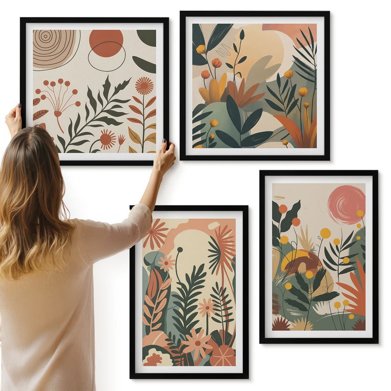 Galeria ścienna 4-częściowy komplet obrazów w czarnych ramach - Roślinne wzory vintage w odcieniach pastelowych - ArtPrintCave