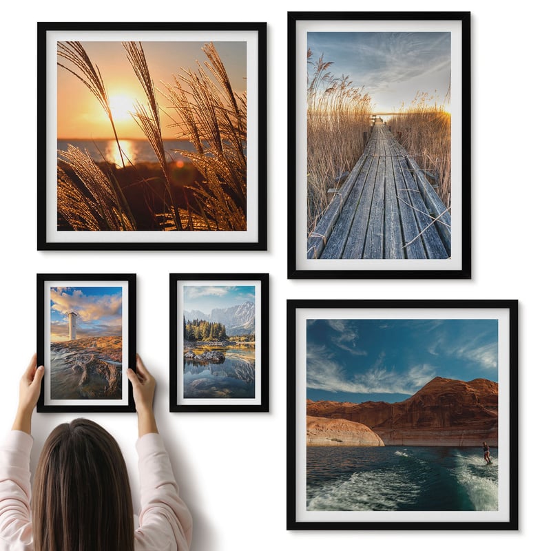 Galeria ścienna 5-częściowy komplet obrazów w czarnych ramach - Naturalne krajobrazy z wodą i roślinnością na szlaku - ArtPrintCave