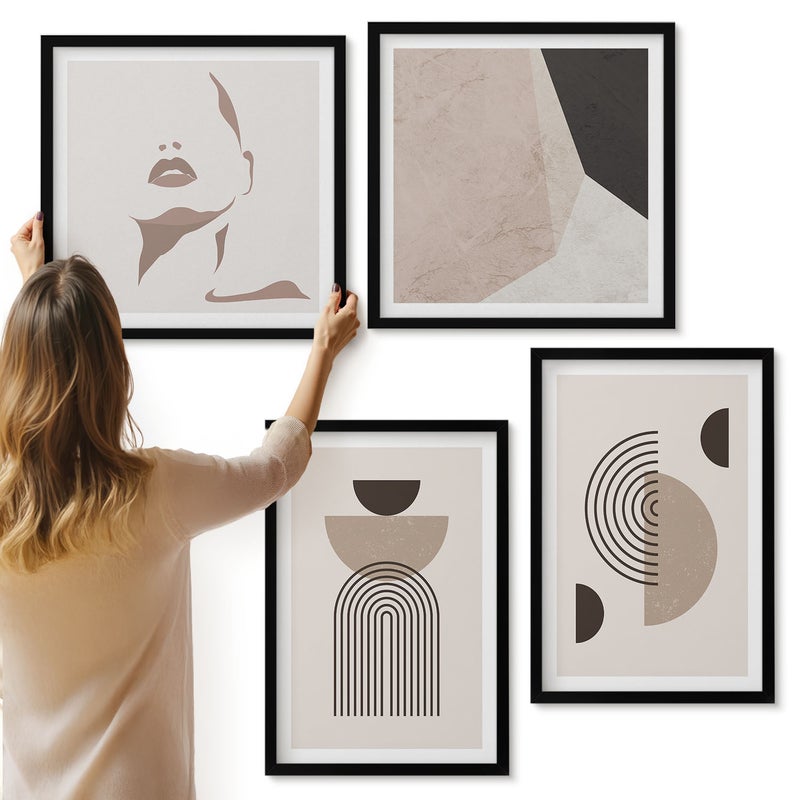 Galeria ścienna 4-częściowy komplet obrazów w czarnych ramach - Abstrakcyjne formy geometryczne i sylwetka twarzy - ArtPrintCave