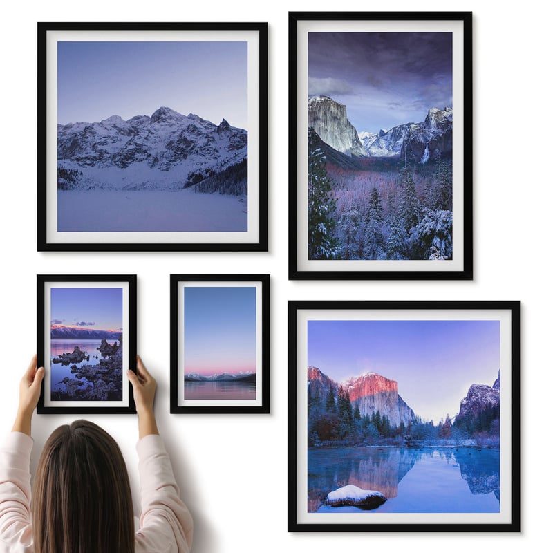 Galeria ścienna 5-częściowy komplet obrazów w czarnych ramach - Górskie krajobrazy z malowniczymi jeziorami i lasami - ArtPrintCave