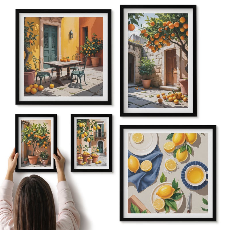 Galeria ścienna 5-częściowy komplet obrazów w czarnych ramach - Owoce cytrusowe w słonecznych ogrodach i na tarasach - ArtPrintCave