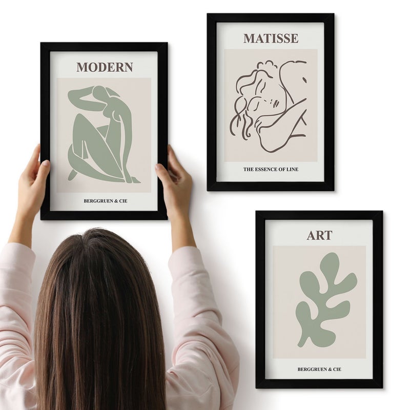 Galeria ścienna 3-częściowy komplet obrazów w czarnych ramach - Stylowe postacie i rośliny w minimalistycznym designie - ArtPrintCave