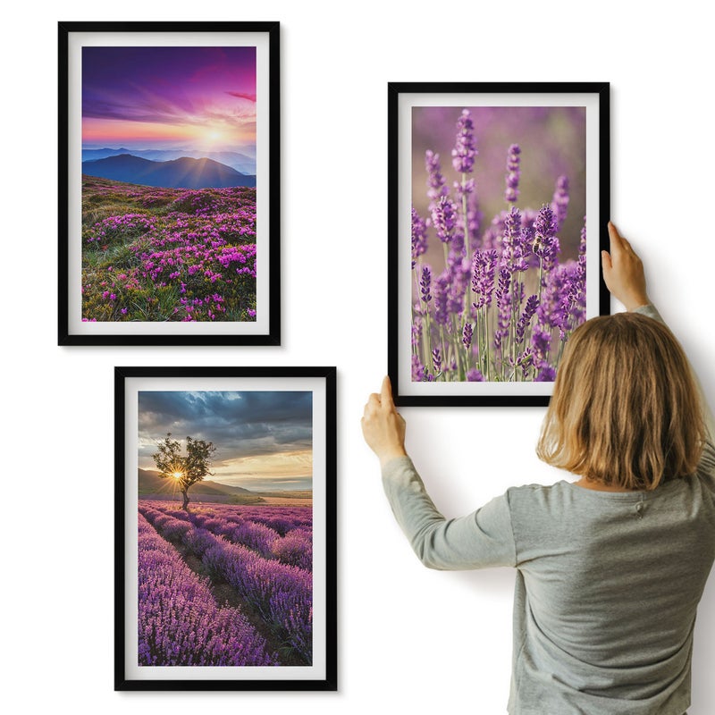 Galeria ścienna 3-częściowy komplet obrazów w czarnych ramach - Krajobraz z lawendowymi polami i zachodem słońca - ArtPrintCave