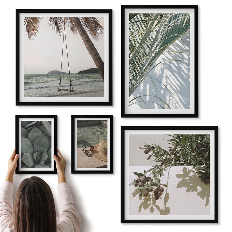 Galeria ścienna 5-częściowy komplet obrazów w czarnych ramach - Tropikalne inspiracje relaks wśród roślinności i wody - ArtPrintCave