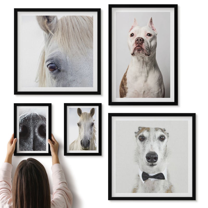 Galeria ścienna 5-częściowy komplet obrazów w czarnych ramach - Portrety zwierząt domowych w stylu nowoczesnym - ArtPrintCave