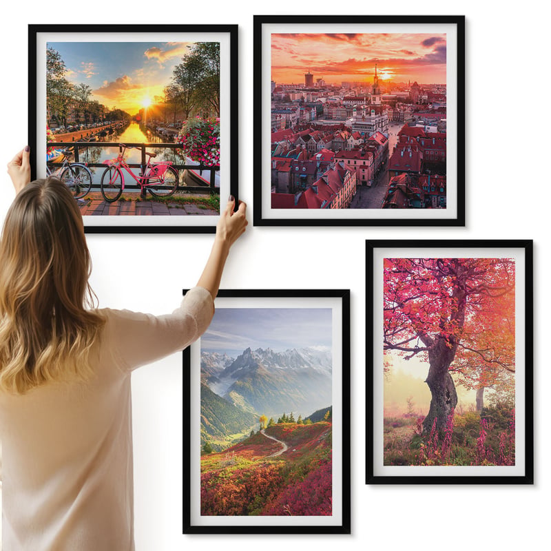 Galeria ścienna 4-częściowy komplet obrazów w czarnych ramach - Krajobrazy górskie z rowerem i jesiennym drzewem - ArtPrintCave