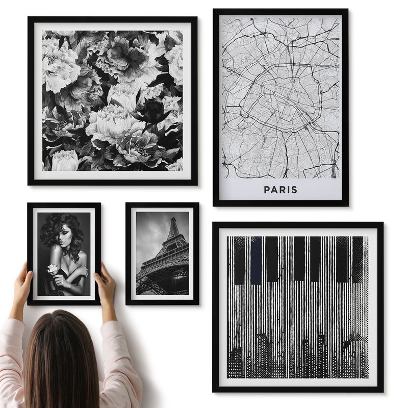 Galeria ścienna 5-częściowy komplet obrazów w czarnych ramach - Styl paryski eleganckie motywy i architektura miasta - ArtPrintCave