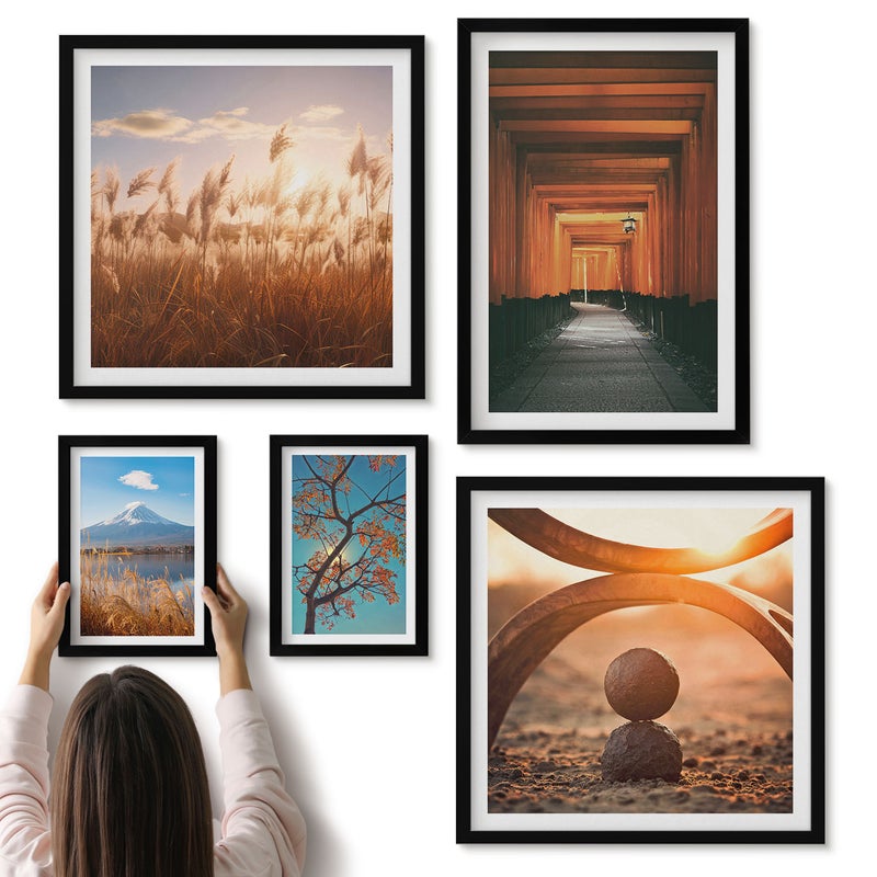 Galeria ścienna 5-częściowy komplet obrazów w czarnych ramach - Spokojne krajobrazy natury z motywami zen i harmonią - ArtPrintCave