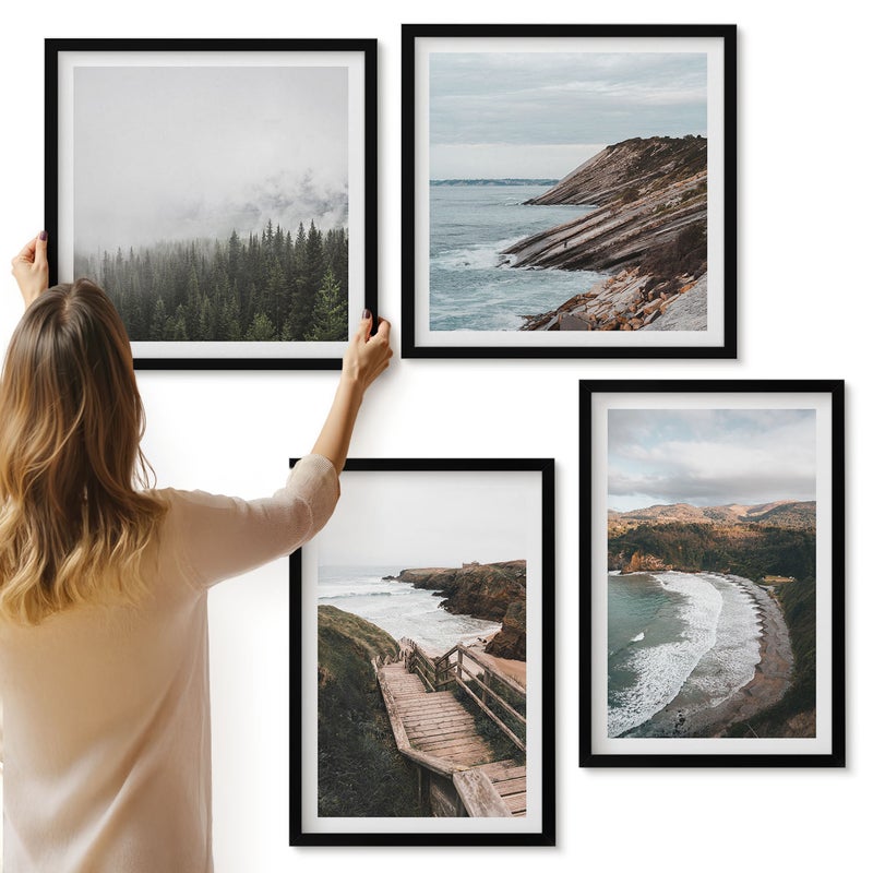 Galeria ścienna 4-częściowy komplet obrazów w czarnych ramach - Widoki nadmorskie z klifami i plażą pejzaże - ArtPrintCave