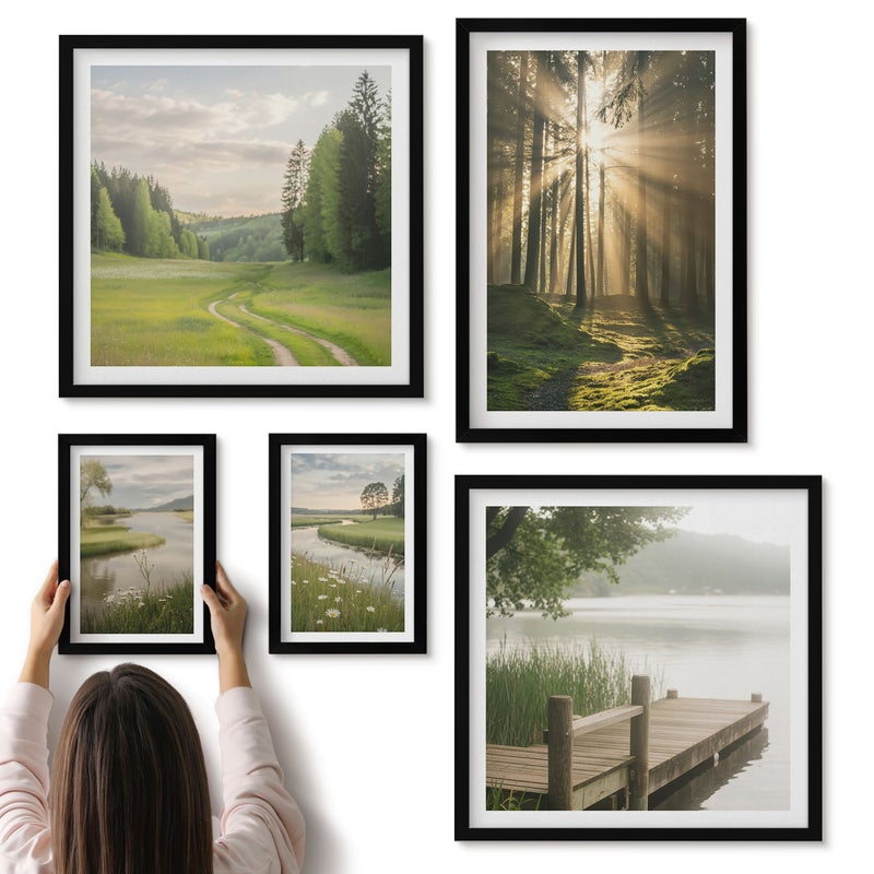 Galeria ścienna 5-częściowy komplet obrazów w czarnych ramach - Leśne pejzaże z promieniami słońca i spokojnymi wodami - ArtPrintCave