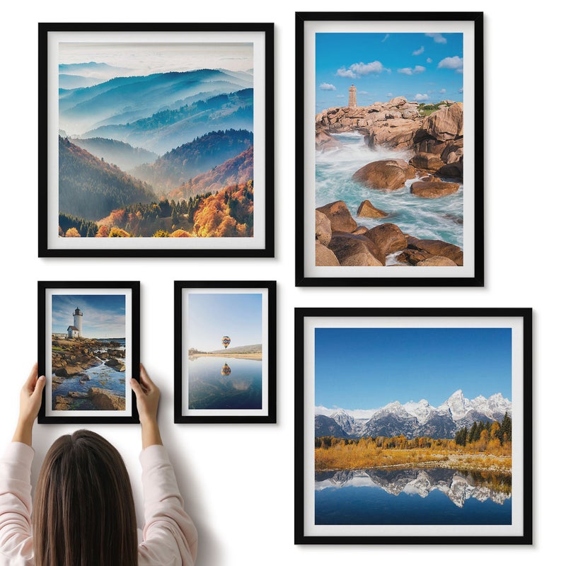Galeria ścienna 5-częściowy komplet obrazów w czarnych ramach - Naturalne krajobrazy góry morze i latarnie morskie - ArtPrintCave