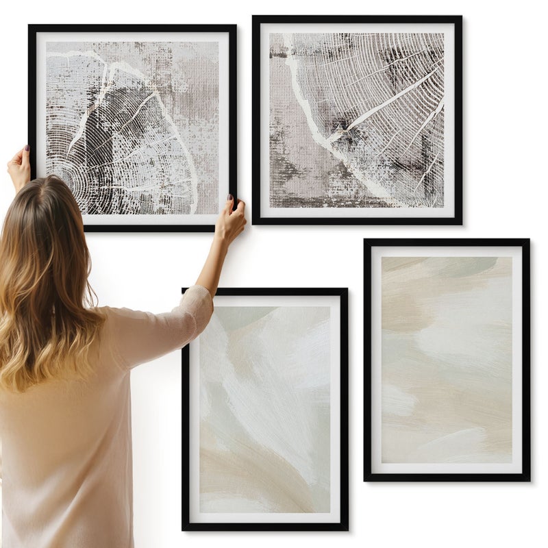 Galeria ścienna 4-częściowy komplet obrazów w czarnych ramach - Malarska tekstura ślady farby minimalizm - ArtPrintCave