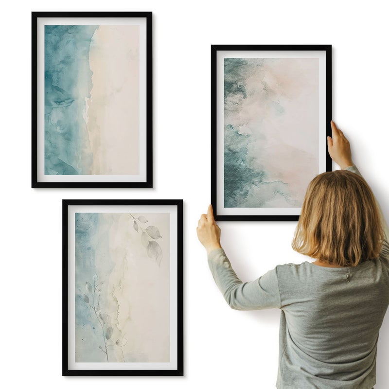 Galeria ścienna 3-częściowy komplet obrazów w czarnych ramach - Rozlane akwarele na płótnie minimalistyczny styl - ArtPrintCave