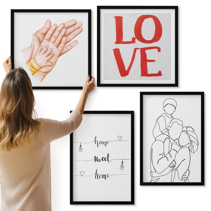 Galeria ścienna 4-częściowy komplet obrazów w czarnych ramach - Rodzinne ilustracje napisy do domu o życiu i miłości - ArtPrintCave