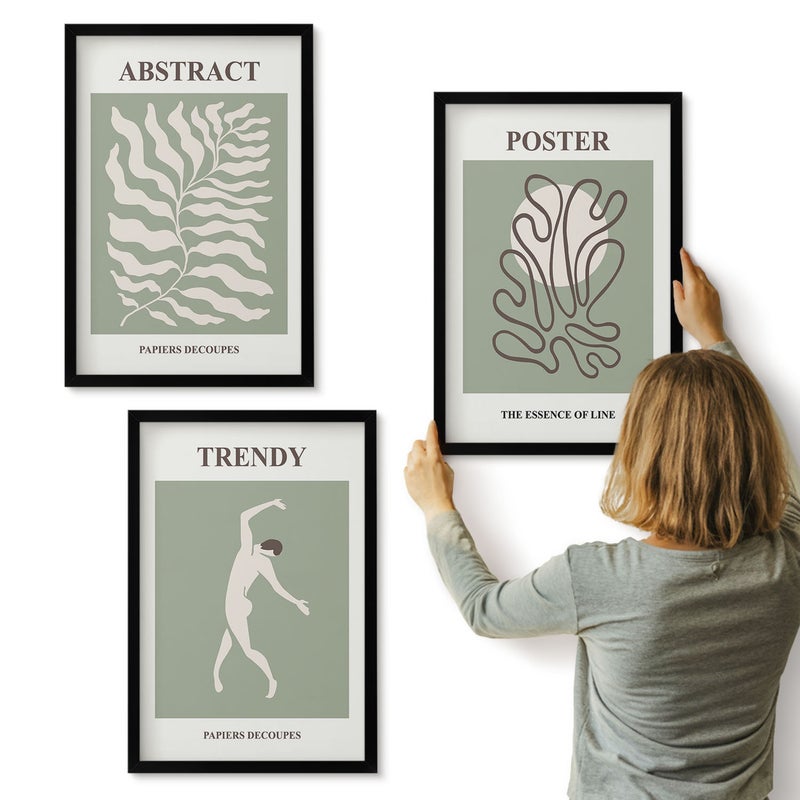 Galeria ścienna 3-częściowy komplet obrazów w czarnych ramach - Roślinne wzory w odcieniach zieleni Henri Matisse - ArtPrintCave