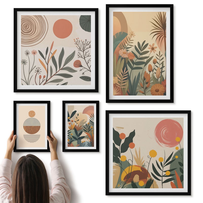 Galeria ścienna 5-częściowy komplet obrazów w czarnych ramach - Roślinne motywy w stylu boho z abstrakcyjnymi detalami - ArtPrintCave
