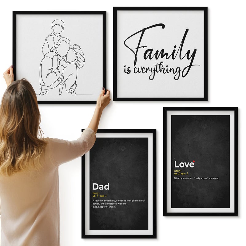Galeria ścienna 4-częściowy komplet obrazów w czarnych ramach - Rodzina line-art z definicjami miłości i ojcostwa - ArtPrintCave