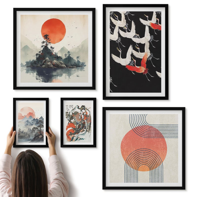 Galeria ścienna 5-częściowy komplet obrazów w czarnych ramach - Sztuka japońska motywy natury i tradycji w nowoczesnym stylu - ArtPrintCave