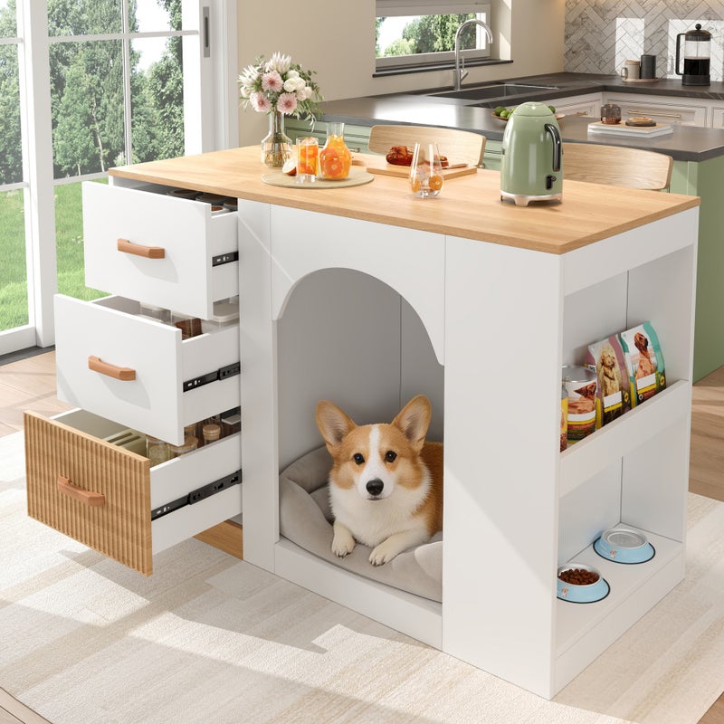 Wyspa kuchenna z budą dla psa, 3 szufladami i półkami bocznymi - MDF - 120 x 60 x 90 cm - Biała