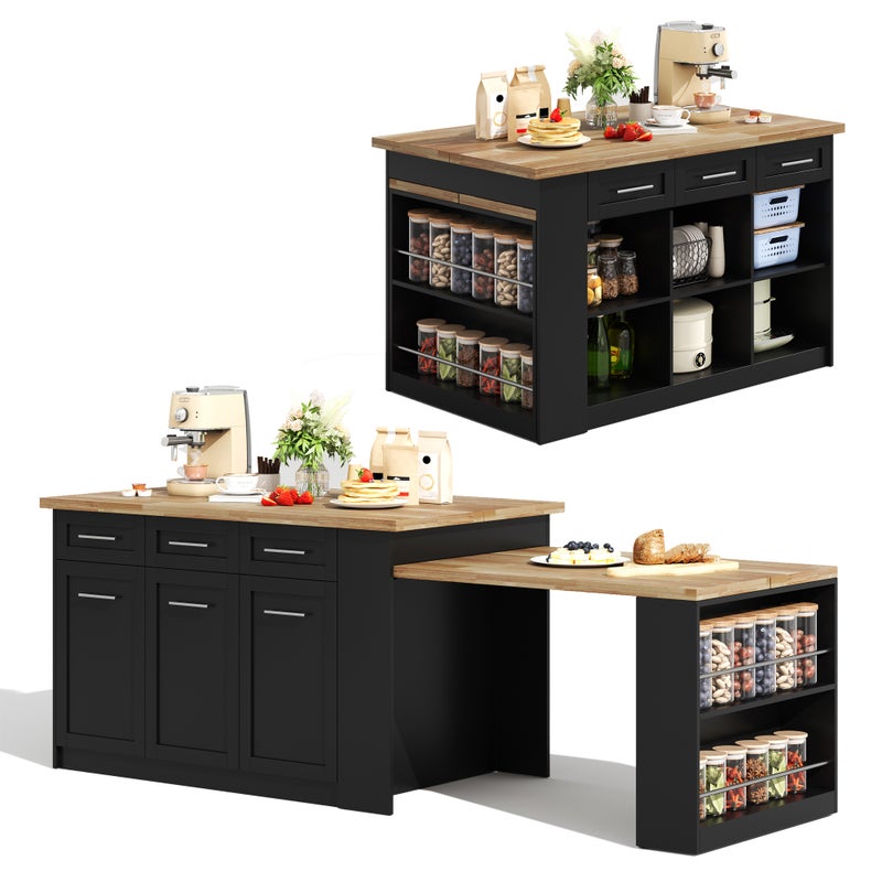 Wyspa kuchenna ze składanym stołem jadalnym, 6 szufladami i 3 drzwiami - 150 x 90 x 90 cm - MDF - Czarny + naturalny
