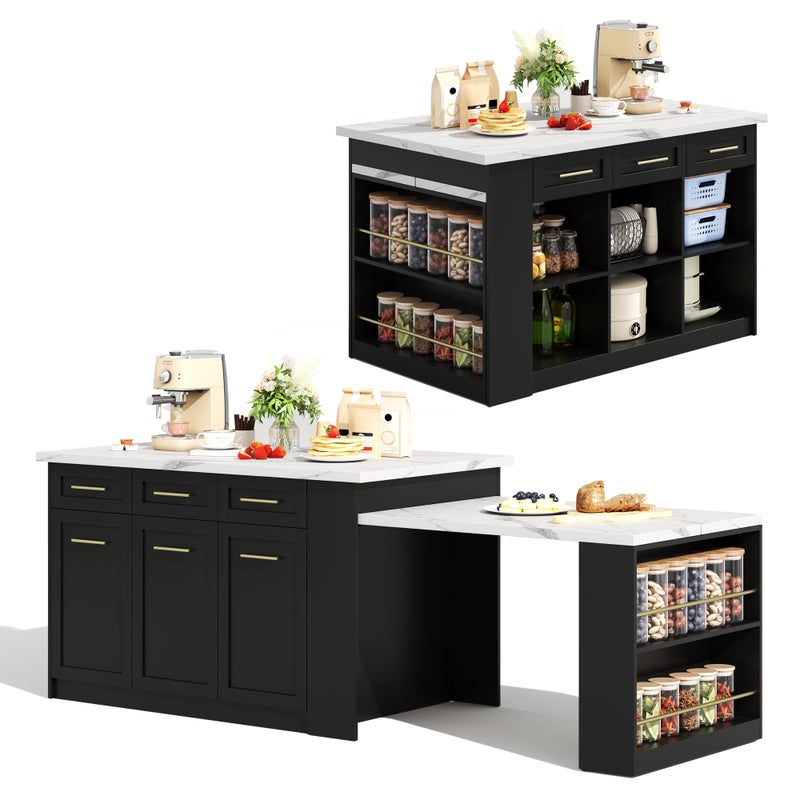 Wyspa kuchenna ze składanym stołem jadalnym, 6 szufladami i 3 drzwiami - 150 x 90 x 90 cm - Płyta MDF imitująca biały marmur - Czarna