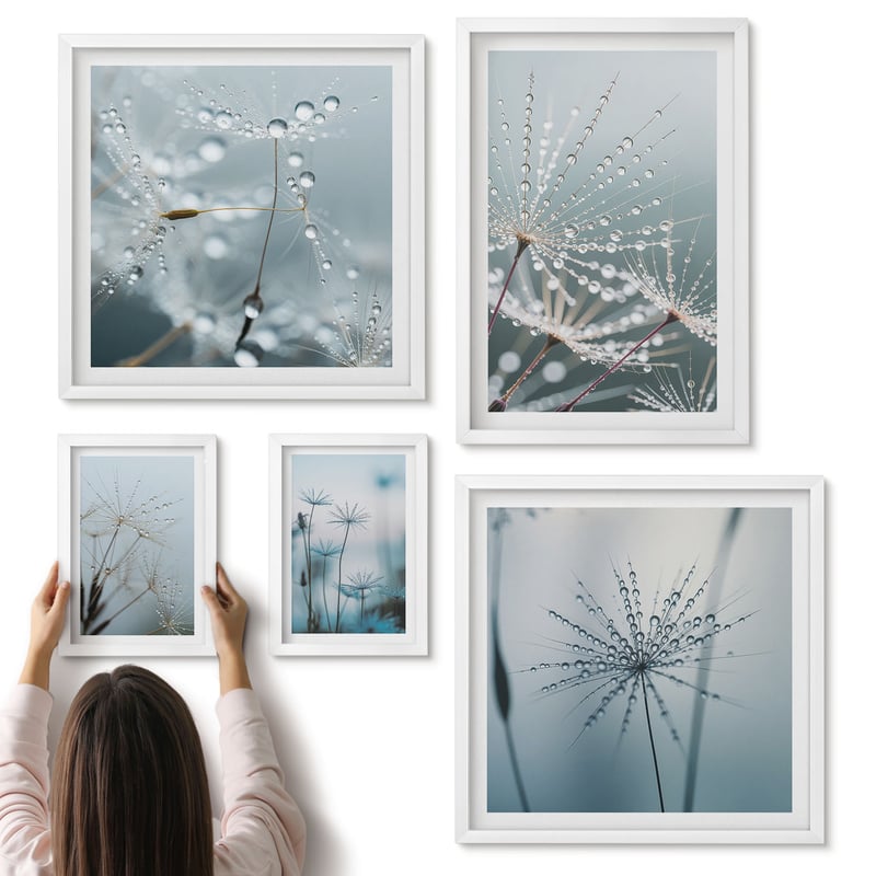 Galeria ścienna 5-częściowy komplet obrazów w białych ramach - Krople wody na roślinach w minimalistycznym stylu - ArtPrintCave