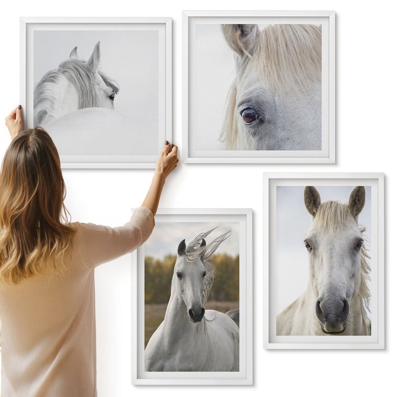 Galeria ścienna 4-częściowy komplet obrazów w białych ramach - Białe konie w różnych pozach na tle natury - ArtPrintCave