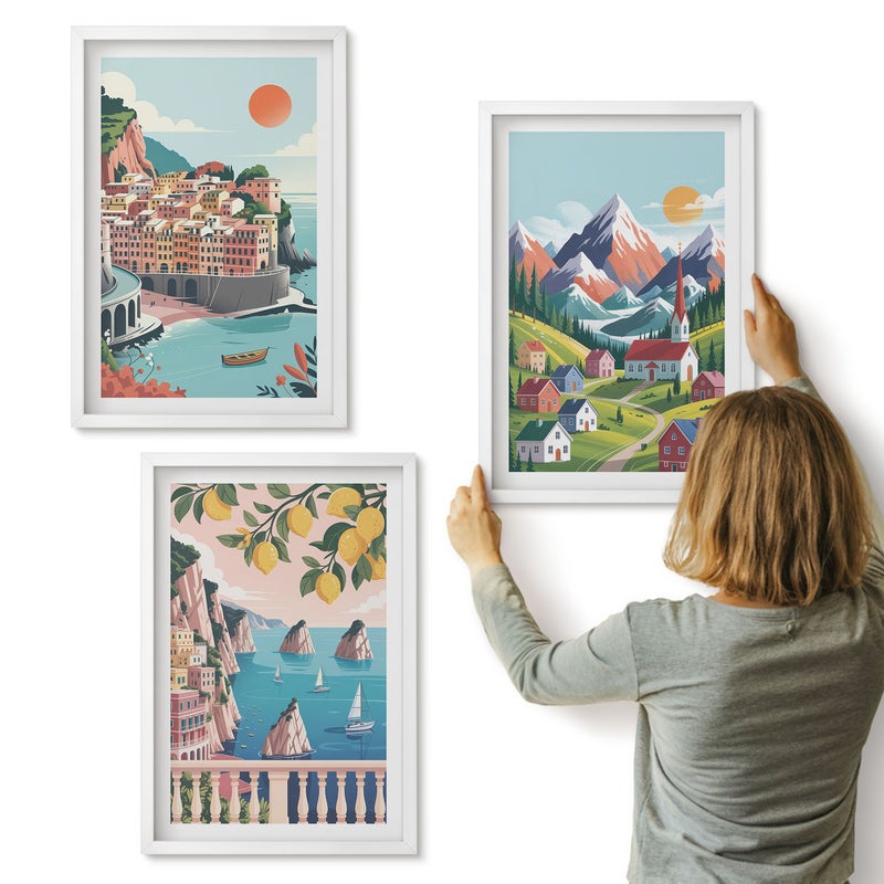 Galeria ścienna 3-częściowy komplet obrazów w białych ramach - Kolorowe krajobrazy górskie i nadmorskie miasta - ArtPrintCave