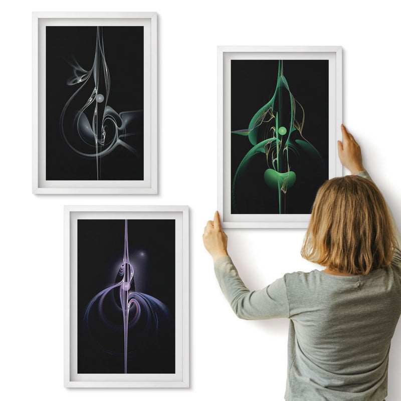Galeria ścienna 3-częściowy komplet obrazów w białych ramach - Abstrakcyjne wzory w odcieniach czerni i kolorów - ArtPrintCave