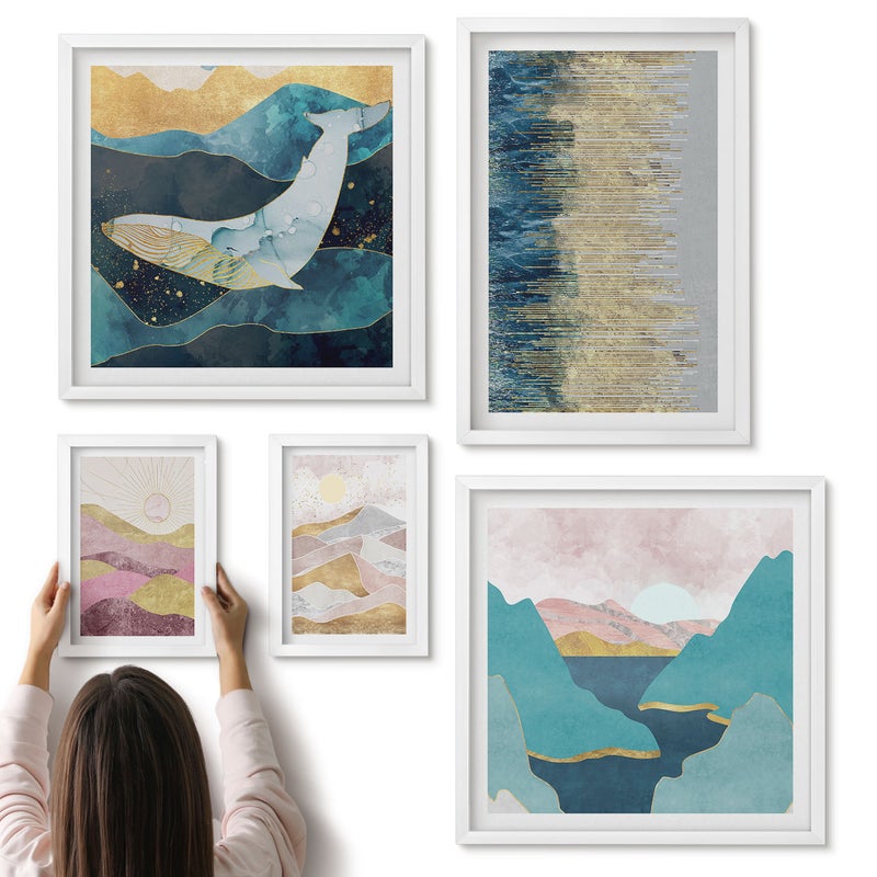 Galeria ścienna 5-częściowy komplet obrazów w białych ramach - Abstrakcyjne pejzaże górskie i morskie w stylu nowoczesnym - ArtPrintCave
