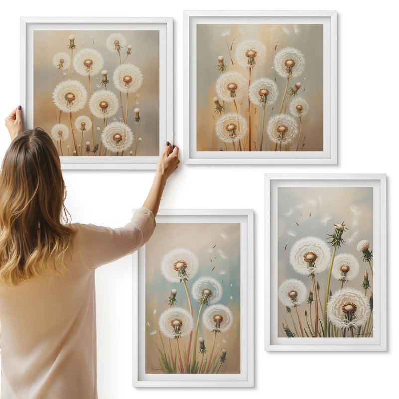 Galeria ścienna 4-częściowy komplet obrazów w białych ramach - Kwiaty dmuchawców na tle pastelowych kolorów - ArtPrintCave