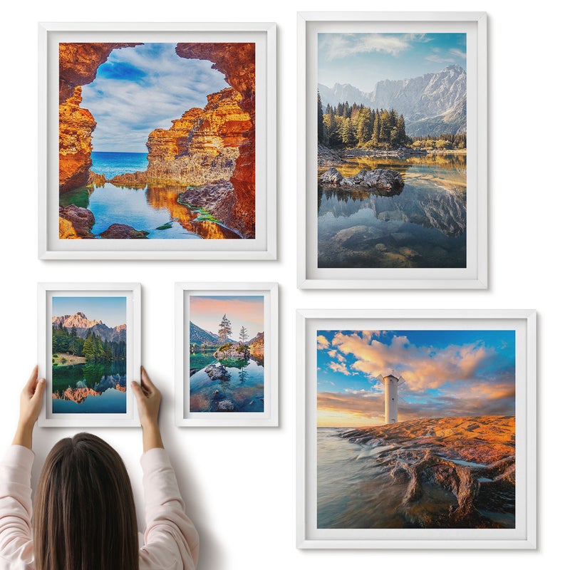 Galeria ścienna 5-częściowy komplet obrazów w białych ramach - Naturalne krajobrazy górskie i wodne z pięknymi widokami - ArtPrintCave
